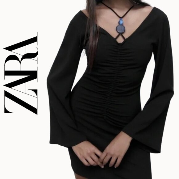 Zara Dresses & Skirts - Zara Gothic Black Stone Accent Bell Sleeve Flare Mini Dress Size Small